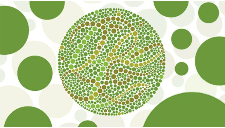 
Imagen de una valla publicitaria en la que se ve una forma circular creada a base de decenas de pequeños círculoss verdes, alguno de los cuales tiene una tonalidad diferente. Parece tratarse del típico test visual que se realiza a personas con daltonismo.
